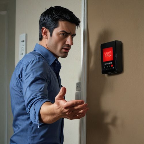 Man frustrated trying to turn off alarm system